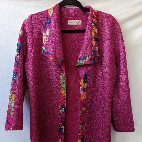 Sweaters - Women's Hot Pink Long Sleeve Cardigan with Floral Print, M